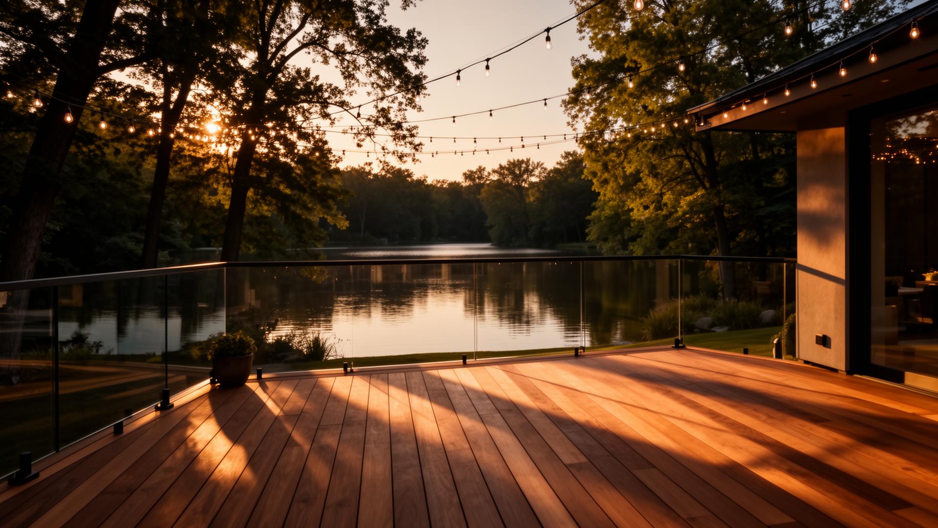 Custom-built Minnesota lakeside deck at golden hour